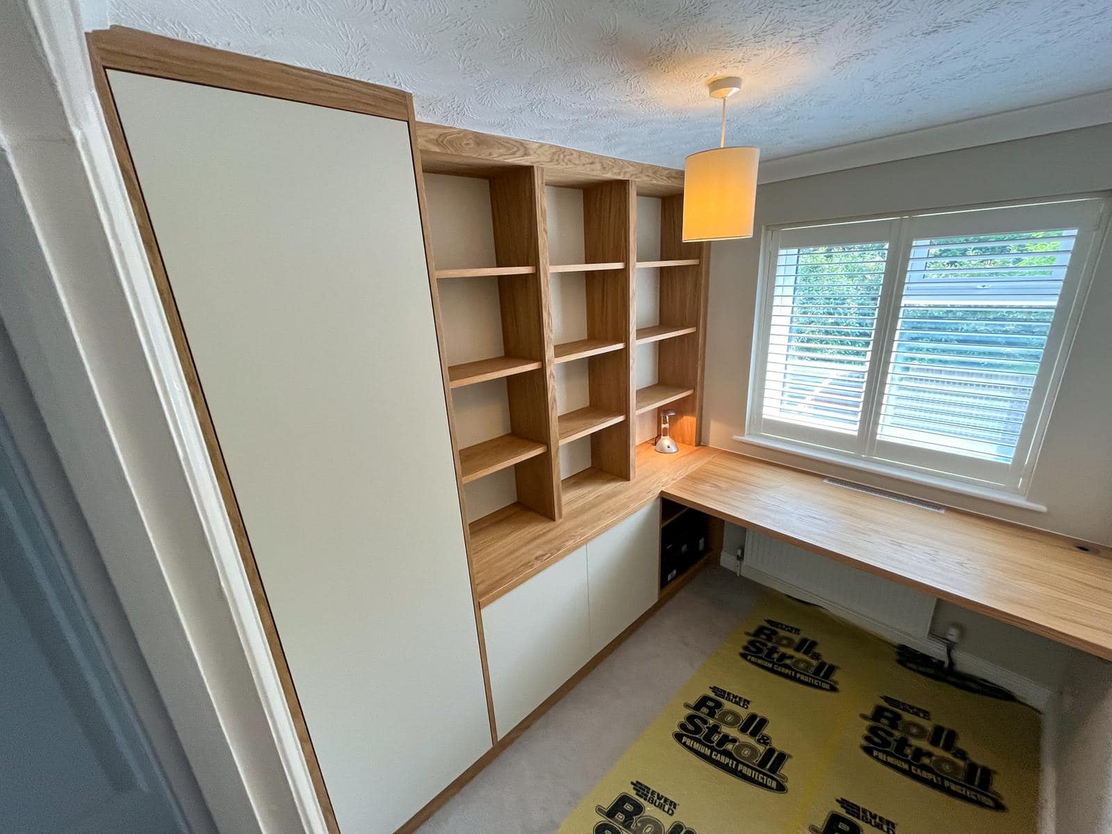 built in home office shelf and desk in oak veneered MDF
