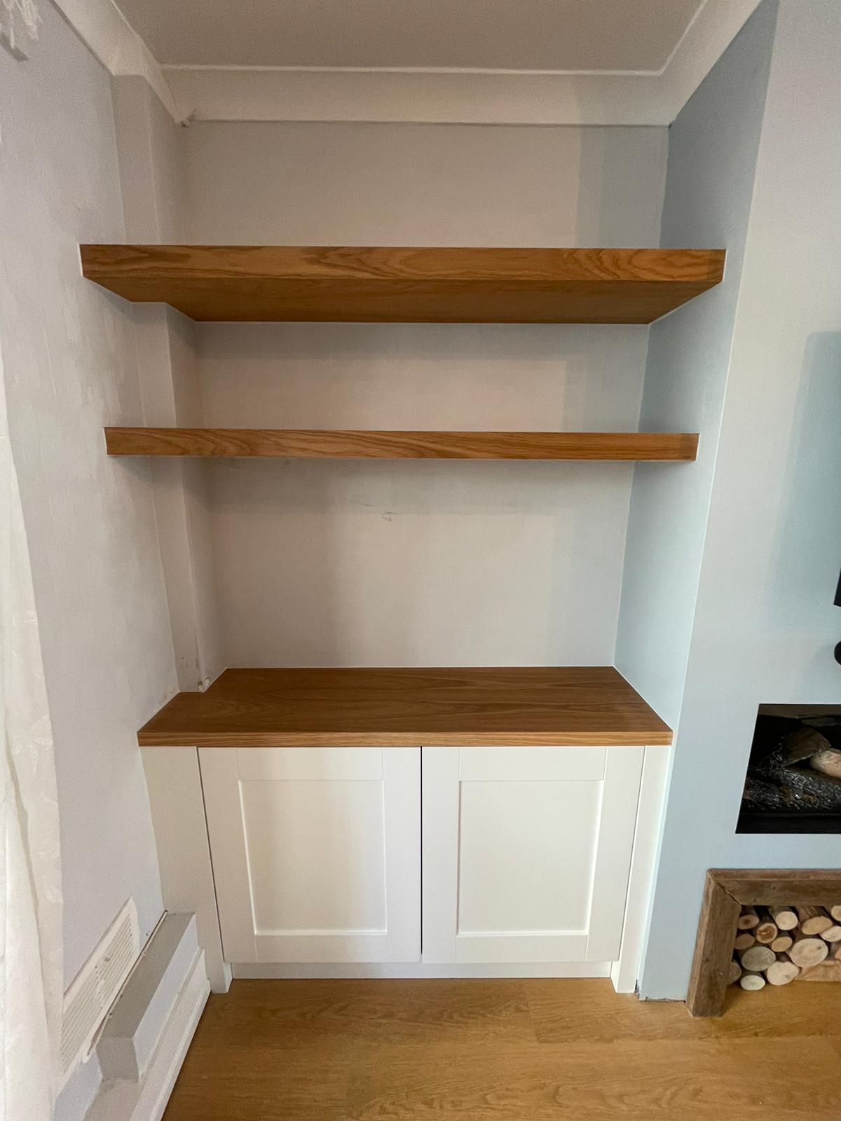 White alcove unit shelves with oak tops horsham